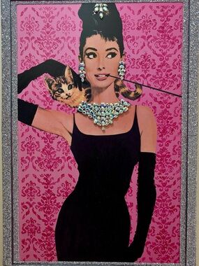 Vintage Embellished Audrey Hepburn Painting. Black Dress Pink Damask Background